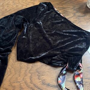 Free People one sleeve off the shoulder black velvet top, size medium